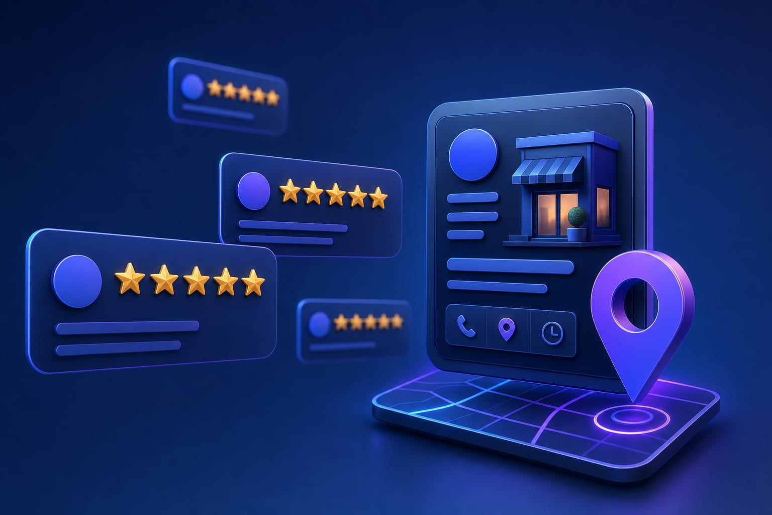 Illustration of five-star reviews and a business profile panel