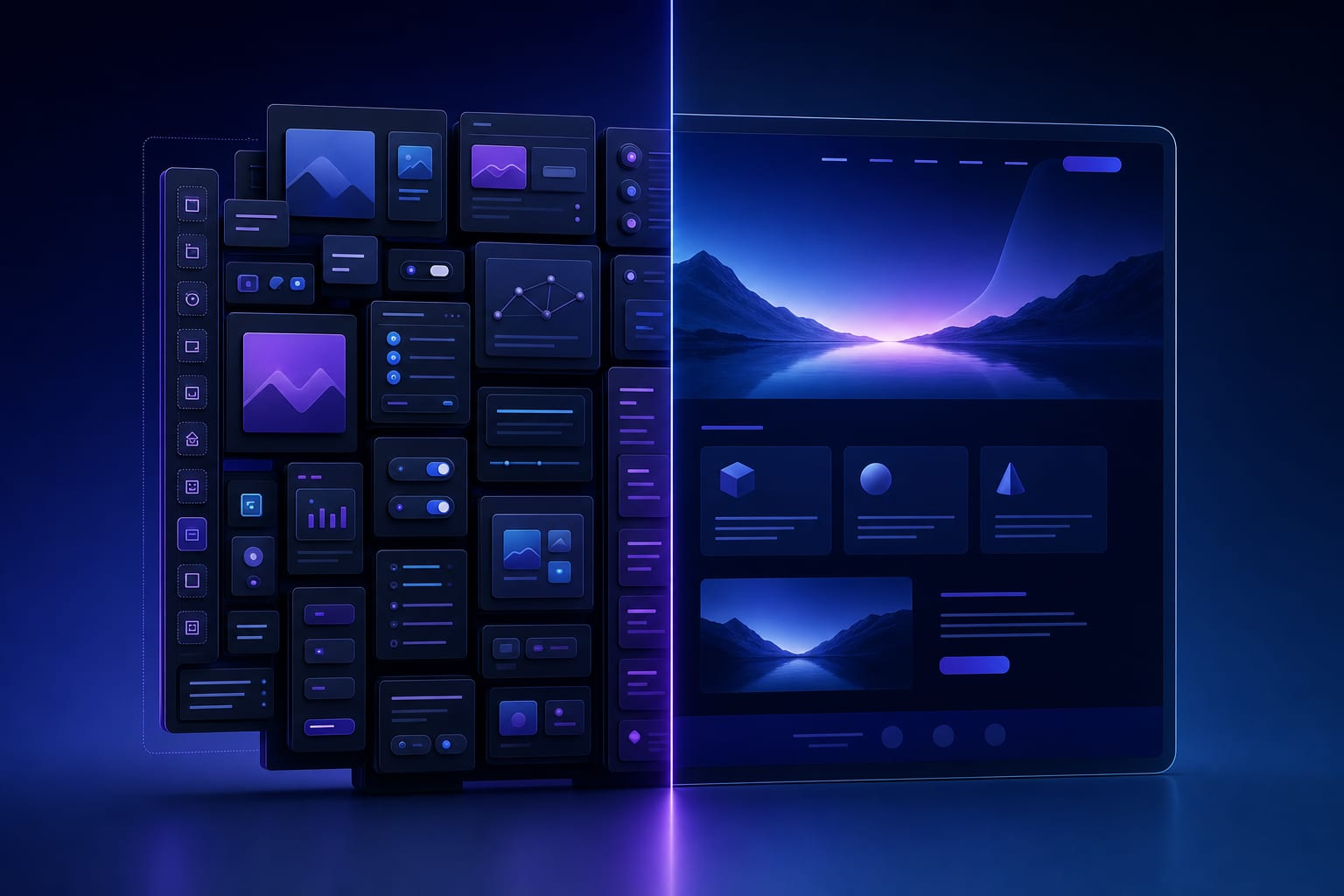A split illustration: a complex plugin dashboard versus a sleek finished website